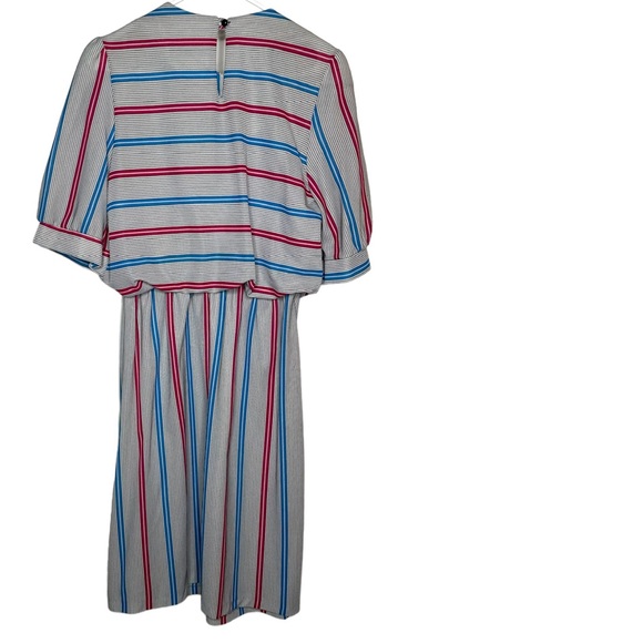 Vintage 80s, Striped Midi Dress, Sailor Collar, Gathered Waist,  Size MEDIUM - Picture 2 of 10